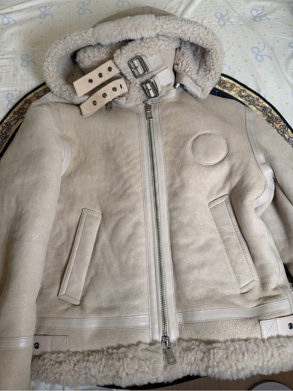Chloe Cream Shearling Hooded Jacket with Buckle Details